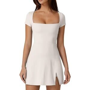 Tennis Dress for Women Square Neck Short Sleeve Skort w/ Pocket, Medium, White